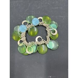 Vintage Silver‎ And Green Flat Beaded Stretch Bracelet